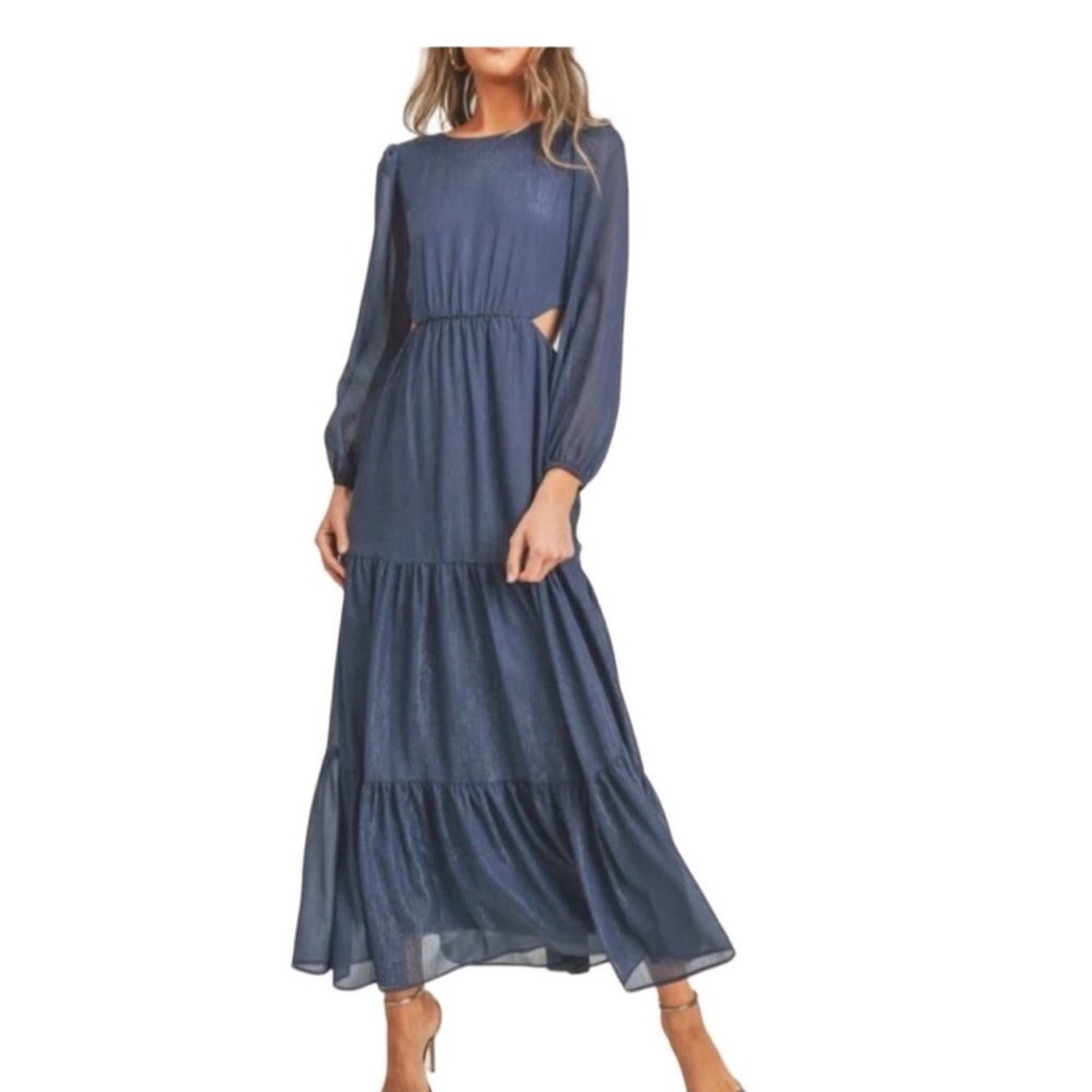 LUSH Cut Out Side Tiered Metallic Threading Maxi Dress Relaxed Navy Women’s SzS